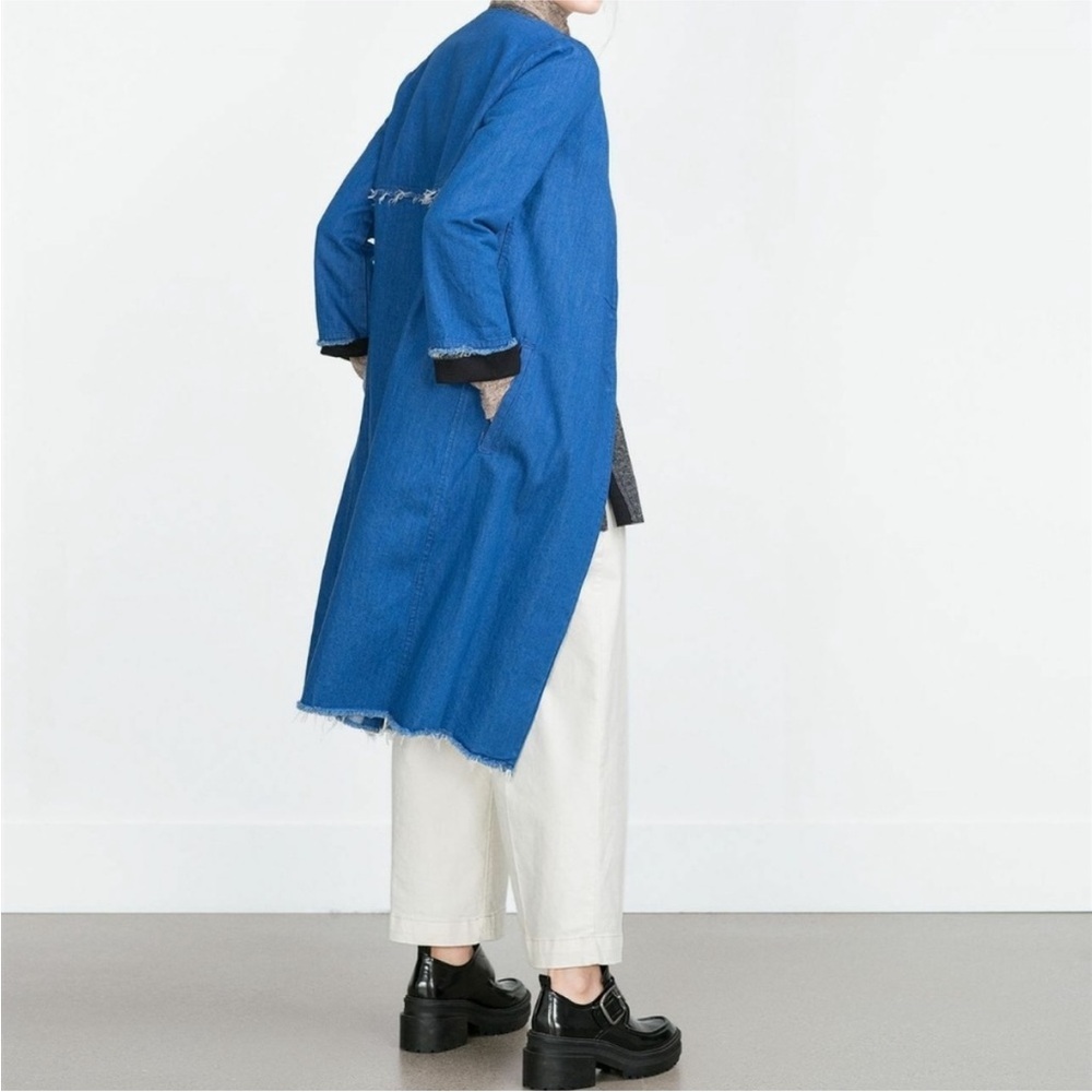 ZARA Blue Jean Jacket longline collarless denim duster small - Picture 2 of 13
